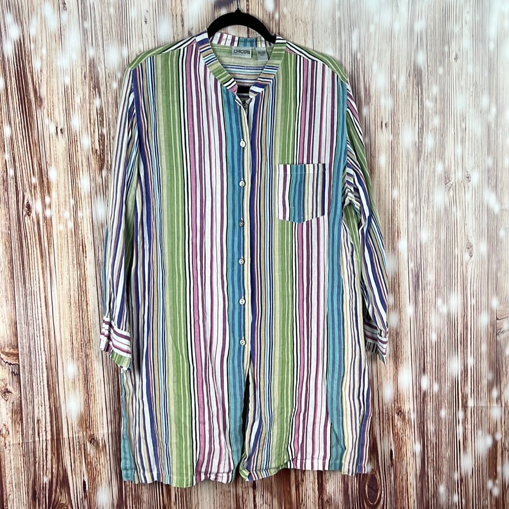 Chico’s 100% Linen 3/4 Sleeve Striped Tunic Top 3 14 16